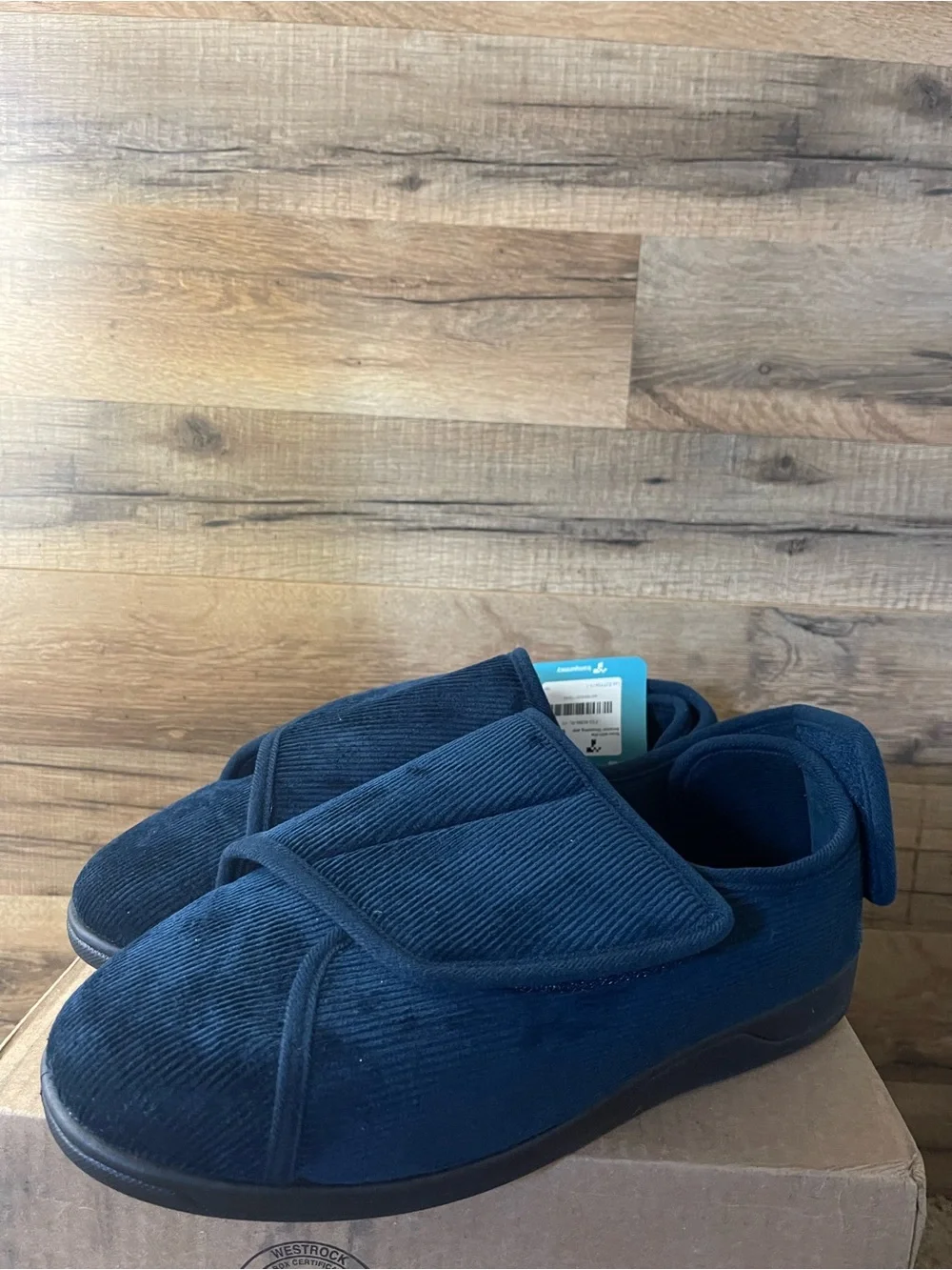 Home Top Mens Size 10 Navy Corduroy Adjustable Hook & Loop Memory Foam Slippers